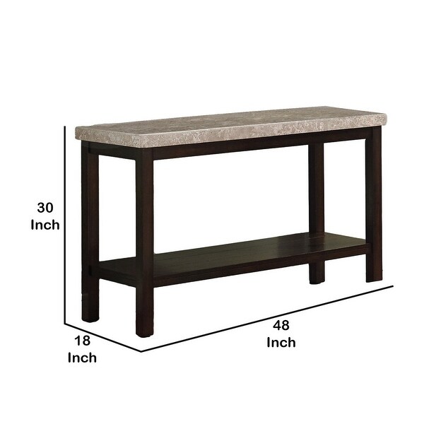 Wood and Marble Console Table with Open Shelf， Brown and Gray