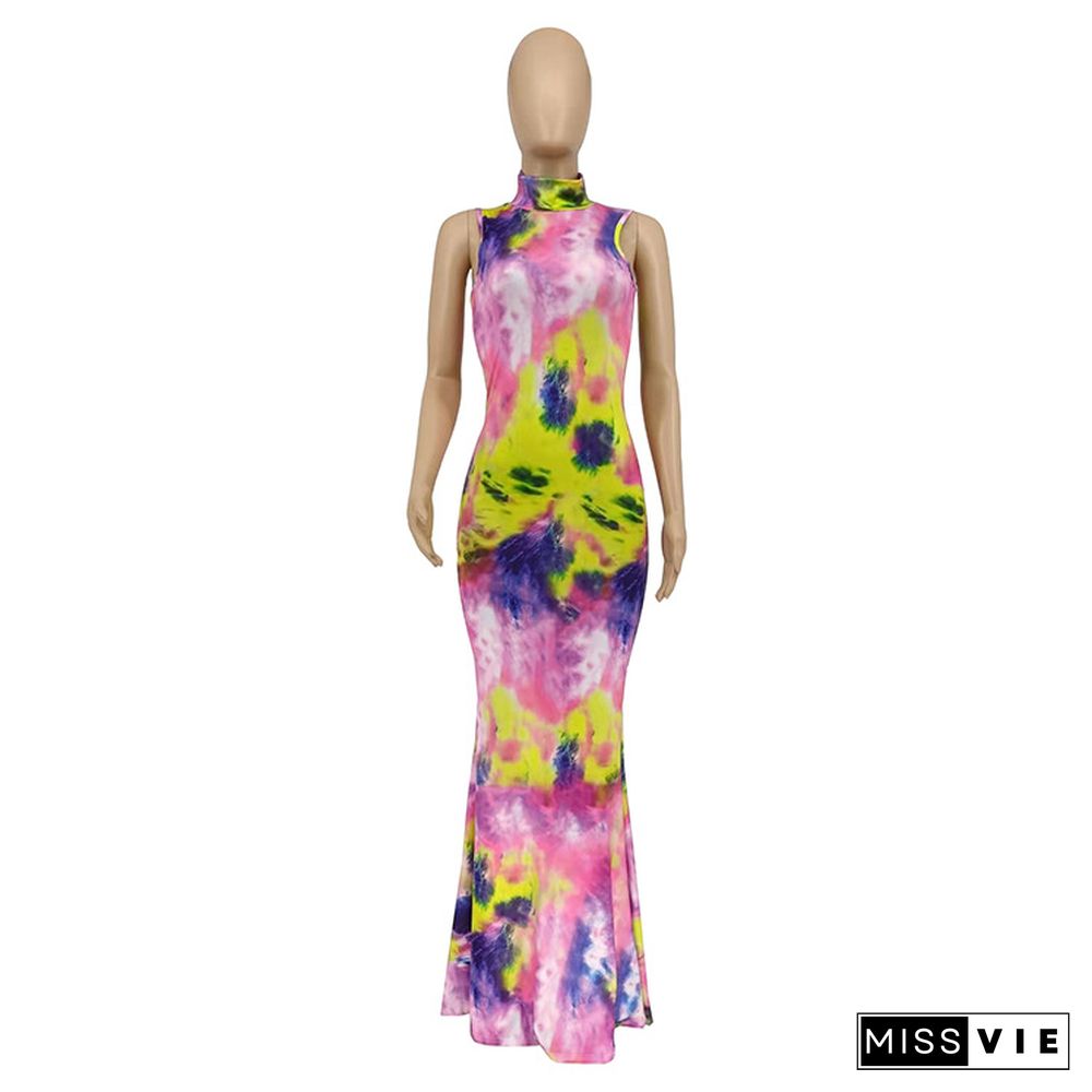 Summer Hot Style Women Tie Dye Print Sleeveless Turtleneck High Waist Skinny Long Dress