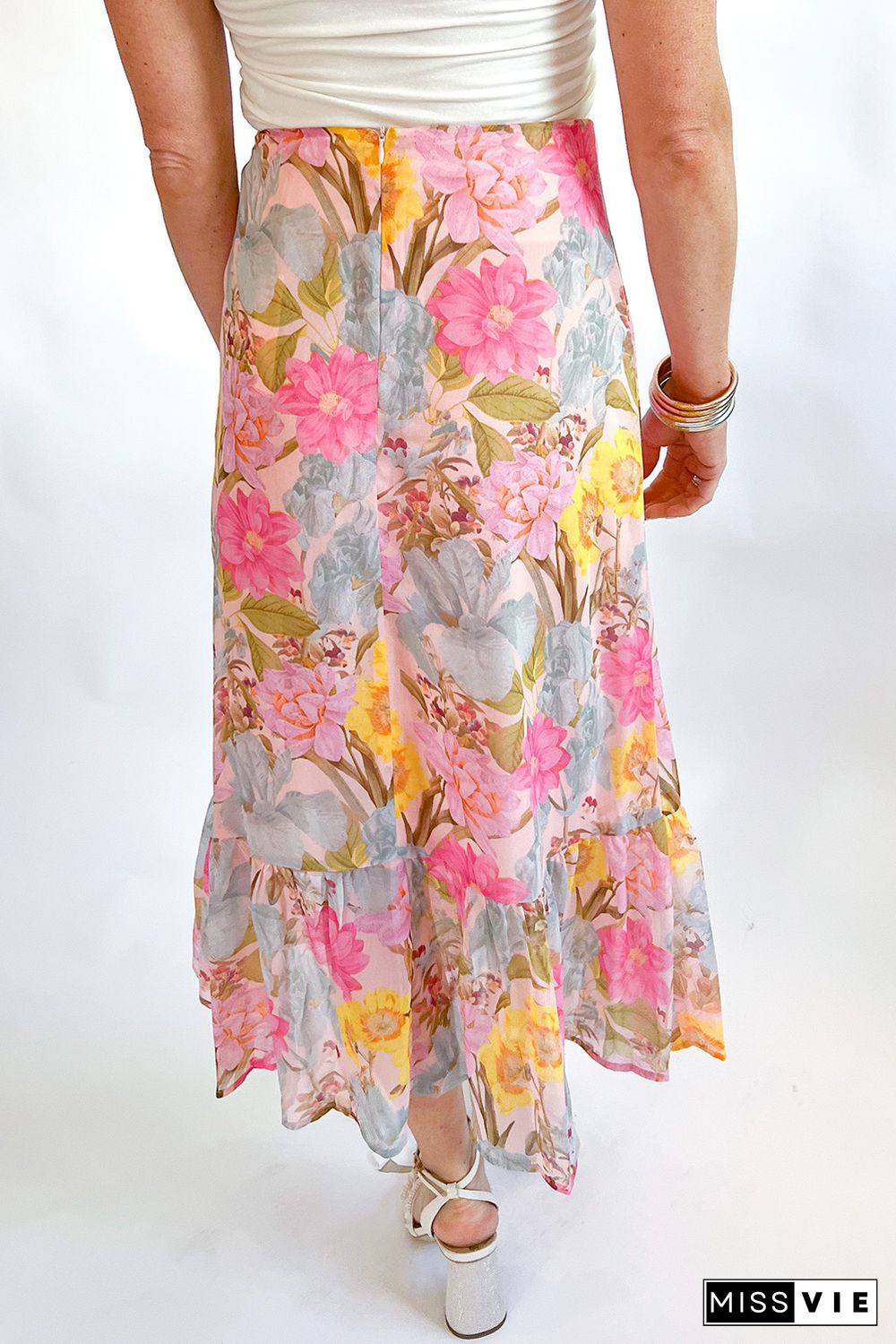 Pink Zipped Ruffle Hem Floral Midi Skirt