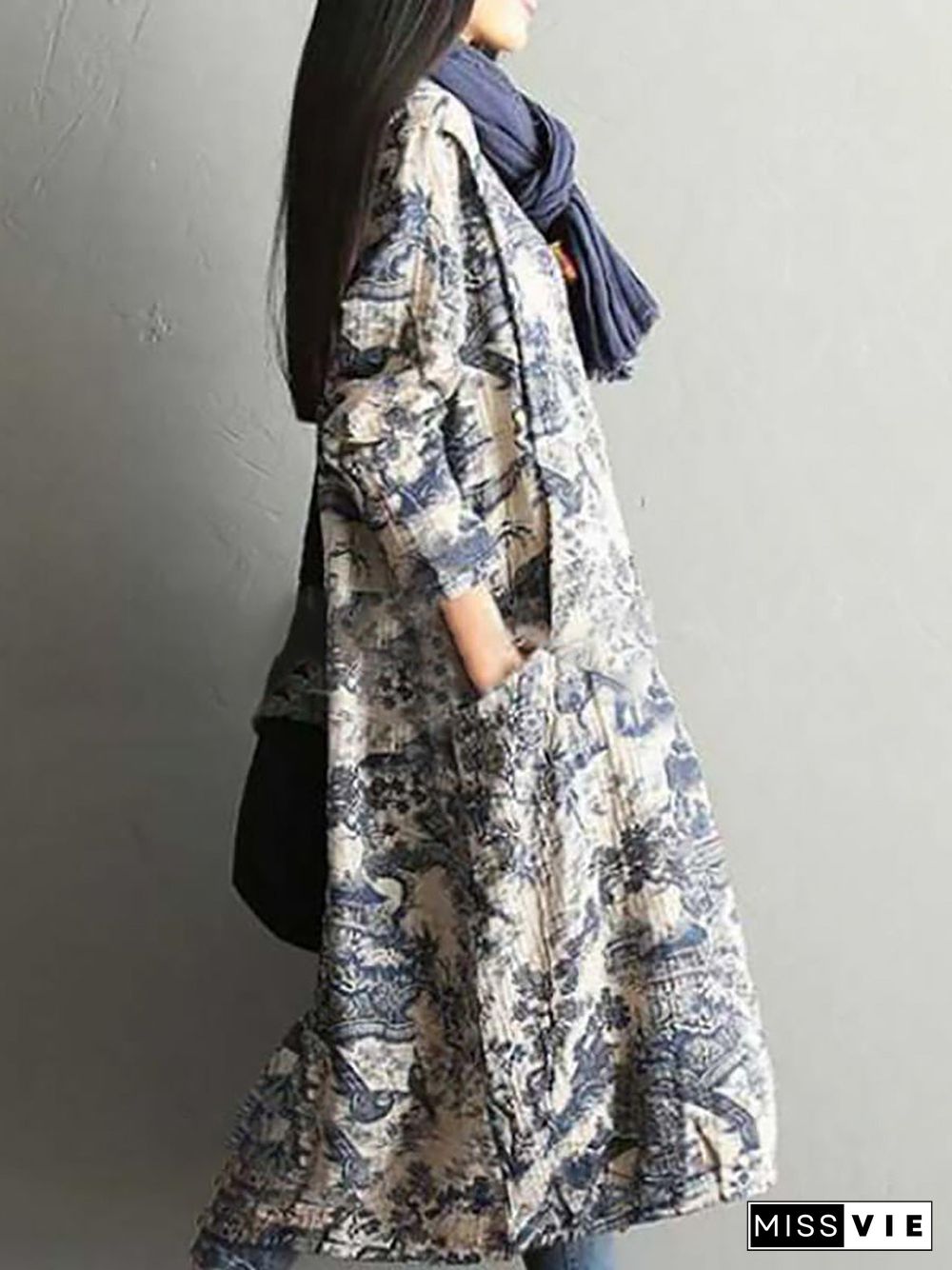 Women's Plus Size Floral Cotton Vintage Casual Loose Printing Maxi Dress