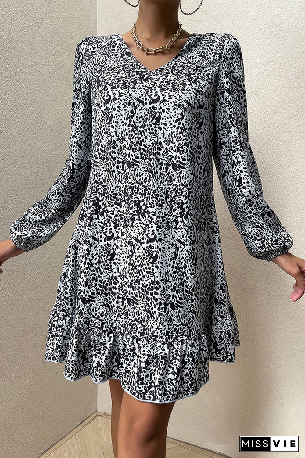 Long Sleeve Printing Ruffle Dress