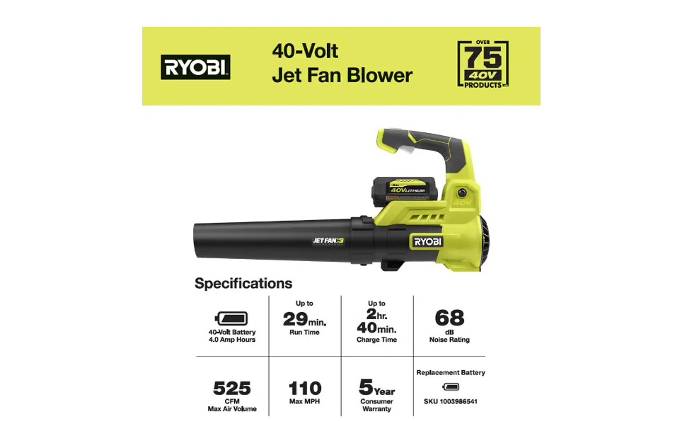 RYOBI RY40480VNM 40V 110 MPH 525 CFM Cordless Battery Variable-Speed Jet Fan Leaf Blower with 4.0 Ah Battery and Charger