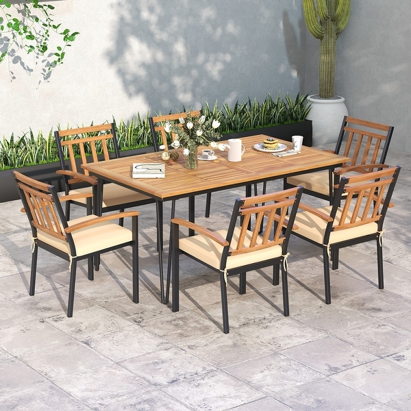 Rectangular Patio Dining Table for 8 with Acacia Wood Tabletop and Umbrella Hole