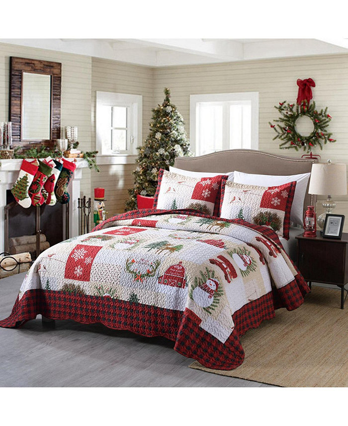 MarCielo 3 Piece Christmas Quilt Bedspread Snowman Reversible Quilt Set B013 - Queen