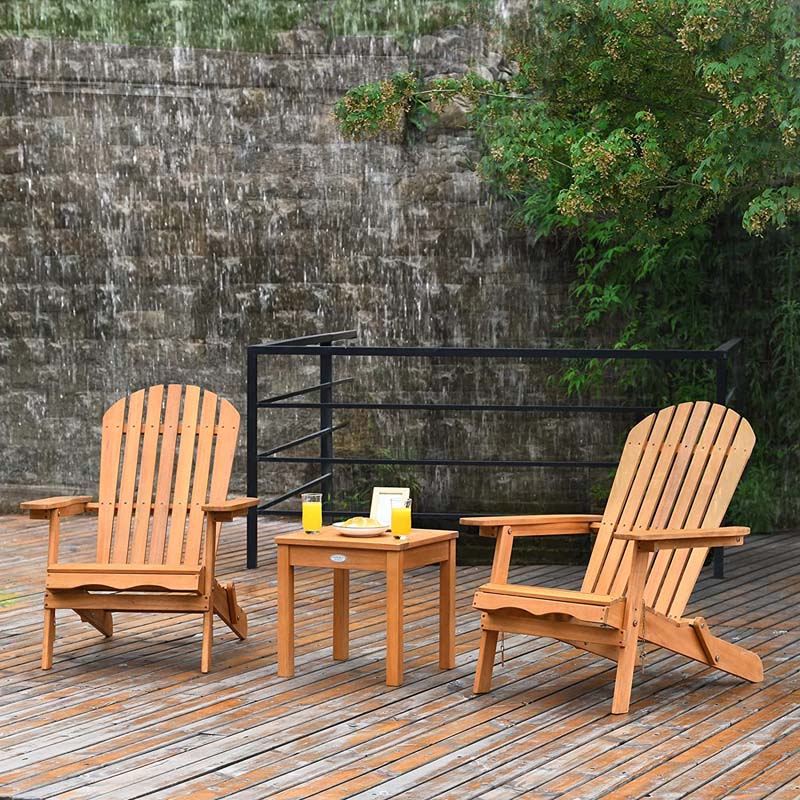 3 Pcs Slatted Design Wooden Adirondack Chair Set with Side Table & 2 Folding Lounger Chairs