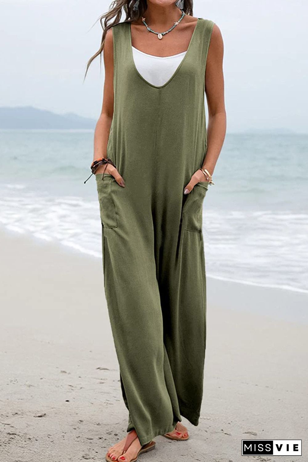 Green Sleeveless V Neck Wide Leg Jumpsuit with Pockets