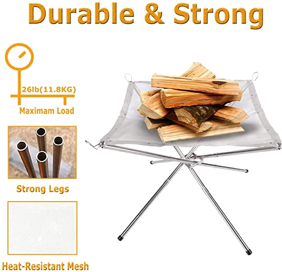 Portable Outdoor Fire Bowls， Foldable Fire Pit， Removable Stainless Steel Fire Basket with Carry Bag， Fire Pit for Picnics， Camping， BBQ， Campfire， Backyard and Garden