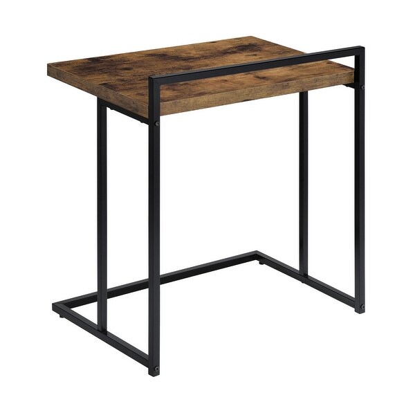 Dey 27 Inch C Shape Side End Table， Nutmeg Brown Top， Matte Black Base