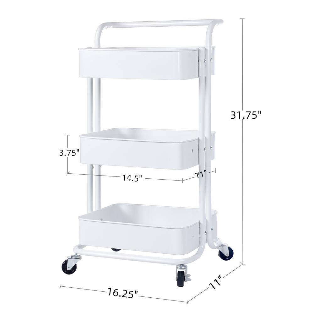 Tidoin 3-Tier Metal Storage Rolling Utility Cart in White DHS-YDFN-333W