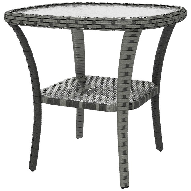 Outsunny Rattan Coffee Table With Storage Shelf Hand woven Wicker Outdoor Side Table With Water ripple Glass Top Mix Gray