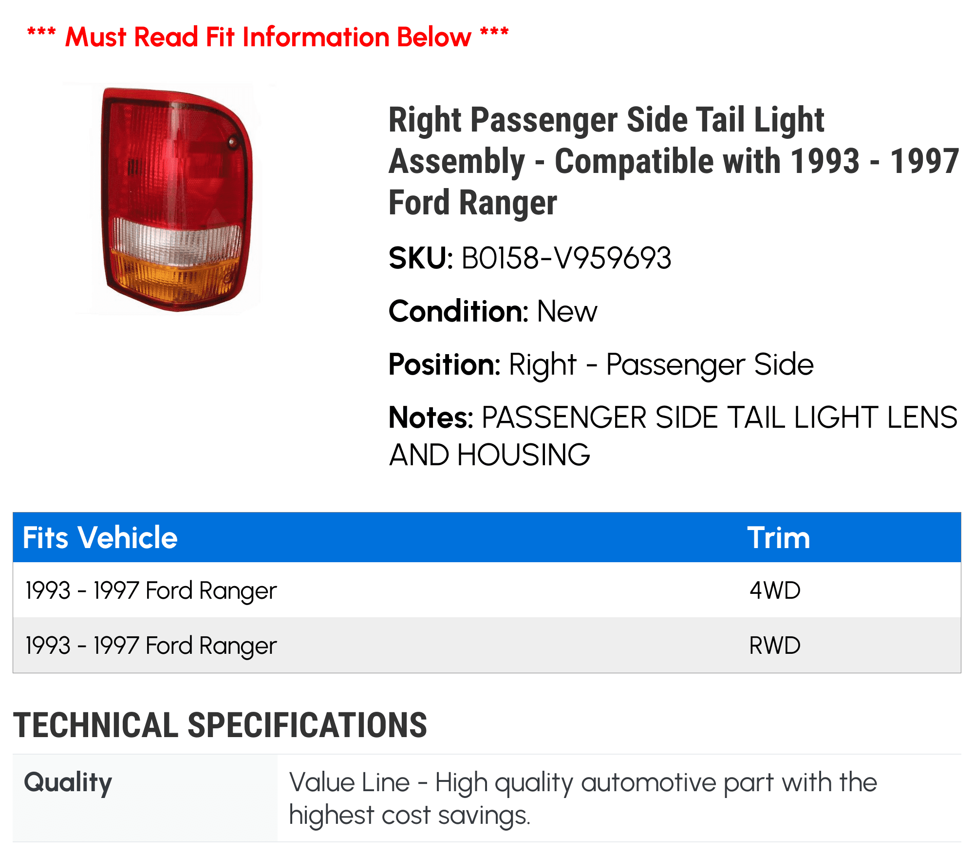 Right Passenger Side Tail Light Assembly - Compatible with 1993 - 1997 Ford Ranger 1994 1995 1996