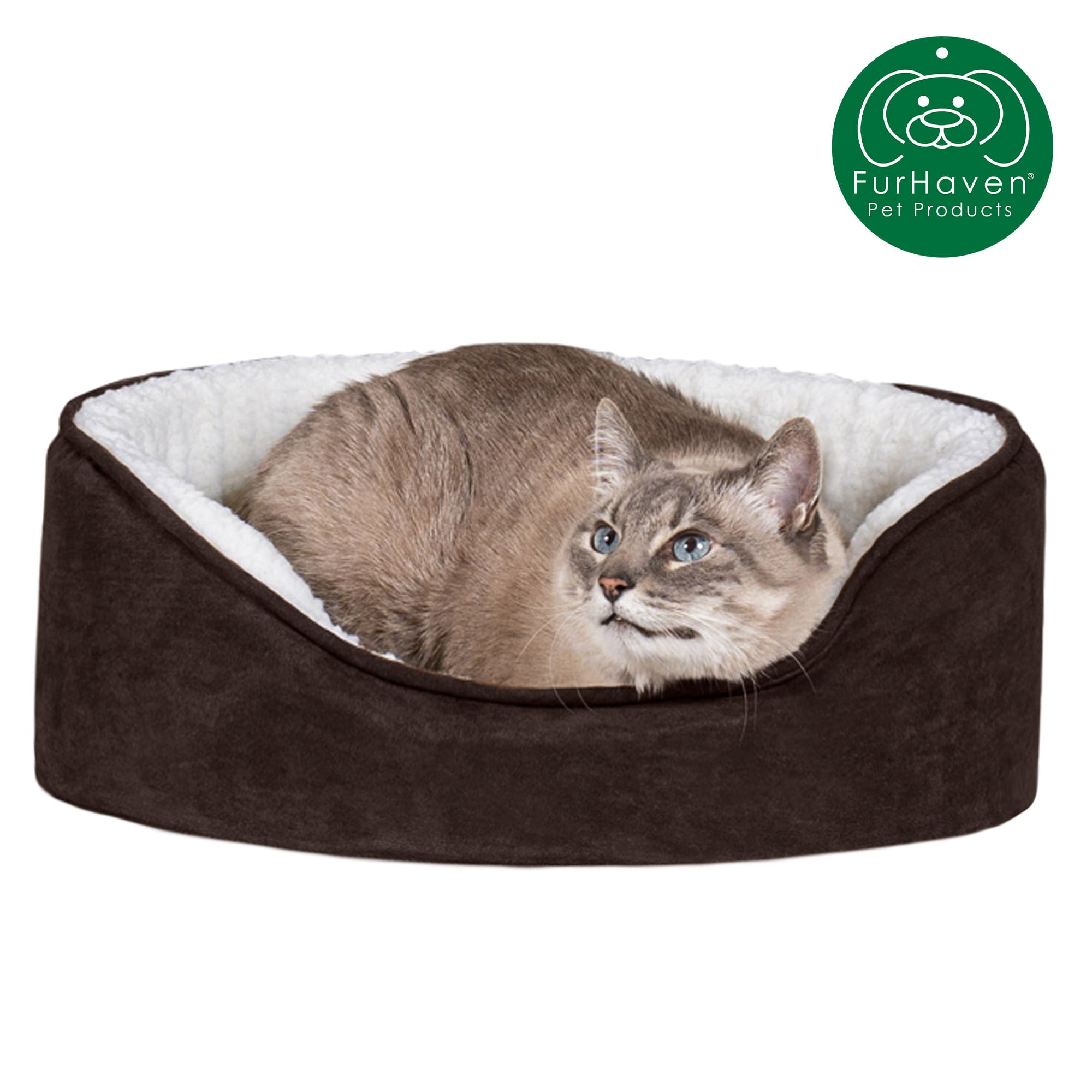 FurHaven | Orthopedic Faux Sheepskin and Suede Oval Pet Bed for Dogs and Cats， Espresso， Small