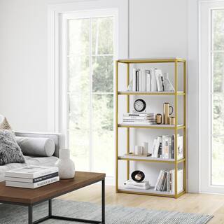 Nathan James Oscar 59 in. WhiteGold Brass Wood and Metal 5-Shelf Modern Etagere Bookcase with Storage Shelves 61102