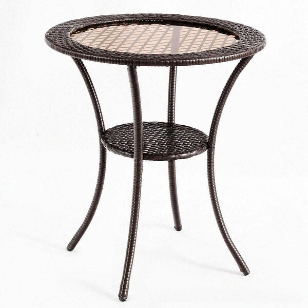 Gymax Round Rattan Wicker Coffee Table Glass Top Steel Frame Patio