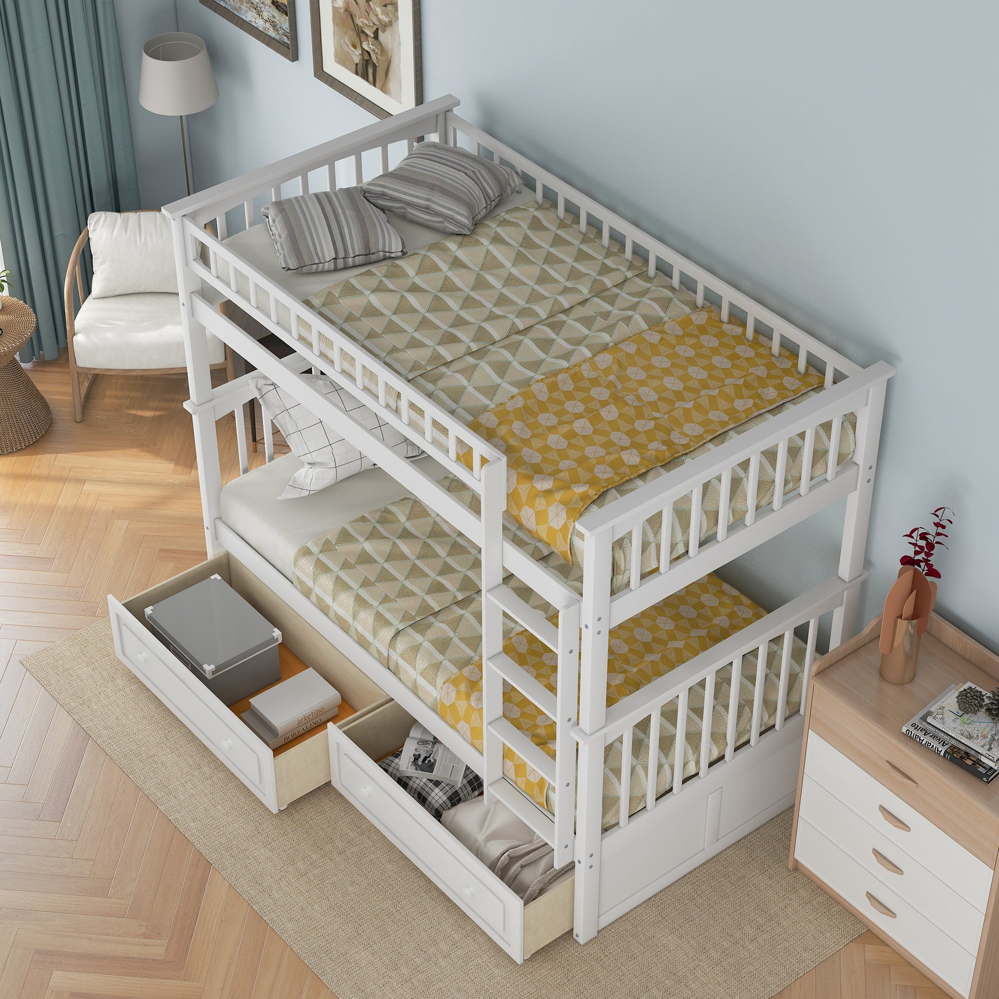 Euroco Twin Wood Bunk Bed with Drawers for Kids' Bedroom, White