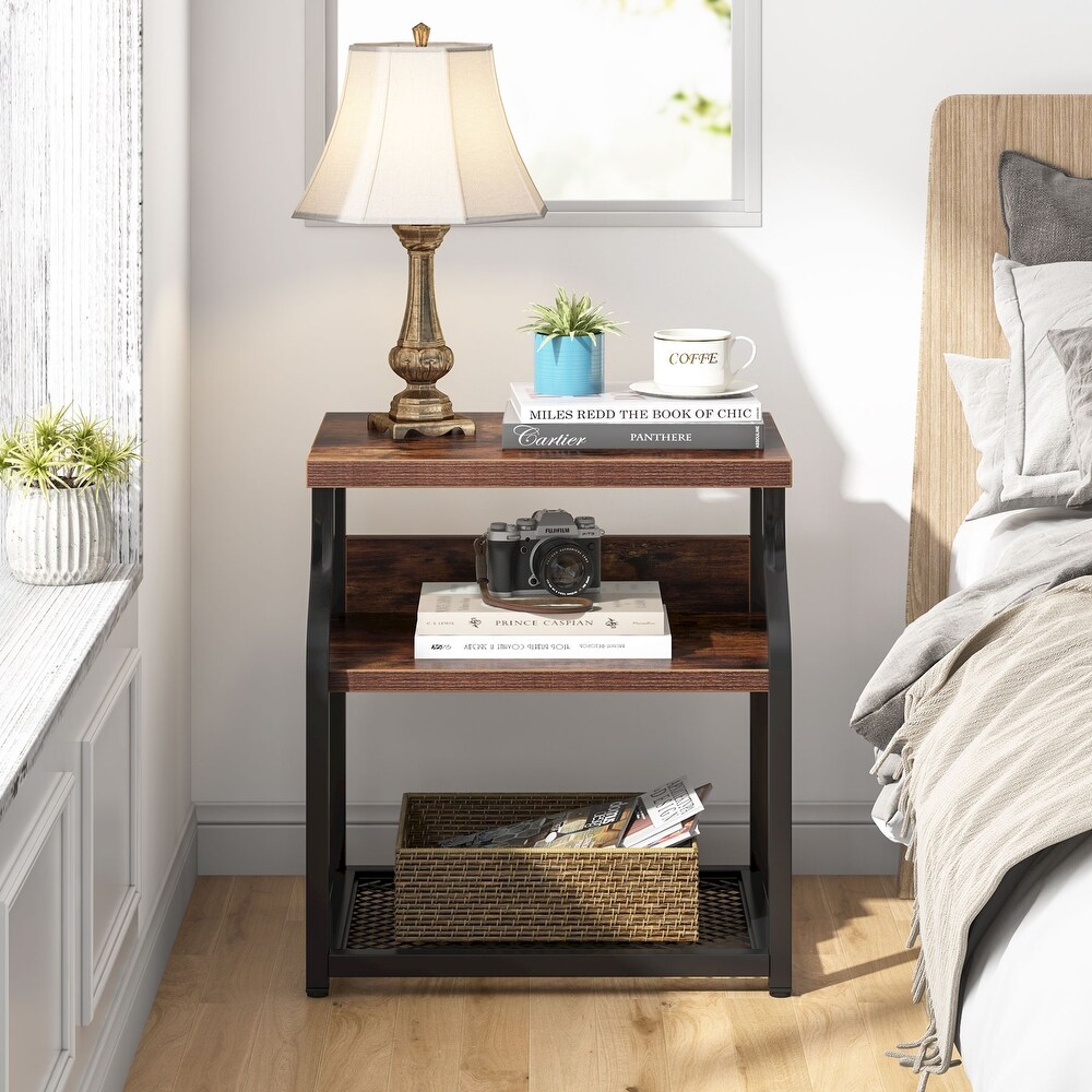 Side End Table  Industrial 3 shelf Bedside Nightstands with Storage shelves for Small Space