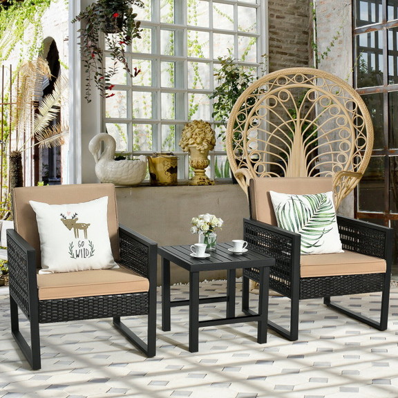 Costway 37259041 3 Pieces Patio Rattan Bistro Cush...