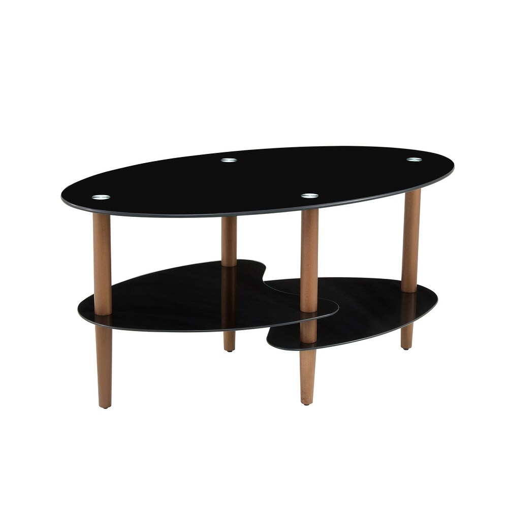 Oval glass coffee table  Transparent coffee table  modern table in living room with Oak wood legs  tea table