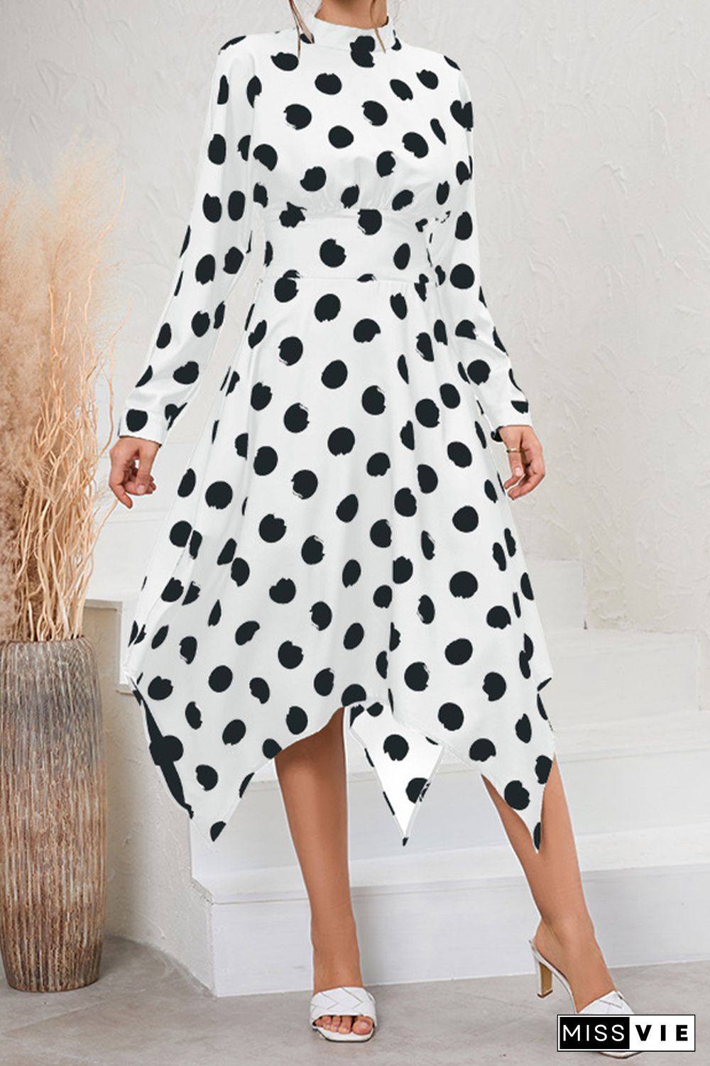 Long Sleeve High Waist Polka Dot Dress