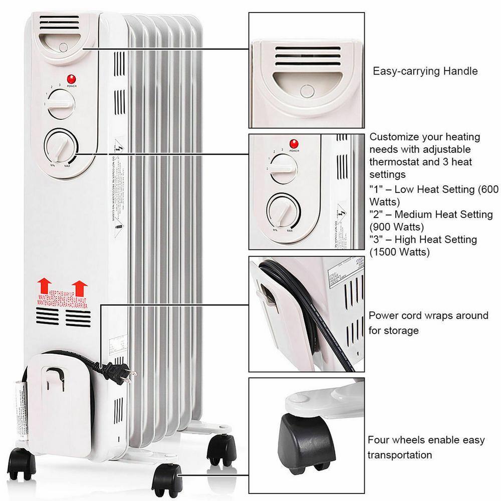 Gymax 1500-Watt Electric Oil Filled Radiator Space Heater with Adjustable Thermostat Home Office GYM05798