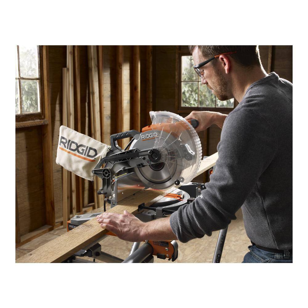 RIDGID 15 Amp 10 in. Corded Dual Bevel Miter Saw with LED Cut Line Indicator with 10 in. 40T Carbide Thin Kerf Miter Saw Blade R4113-A181002