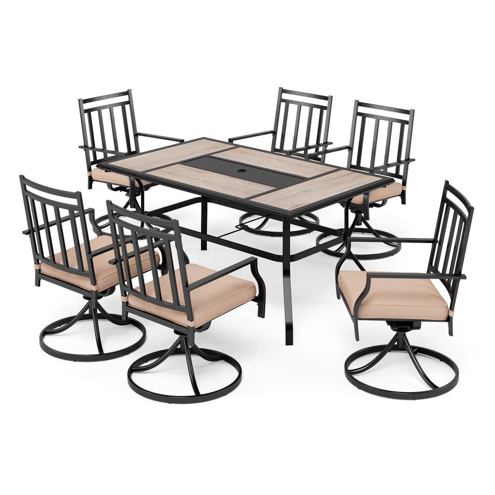 Patio Dining Set of 7 With 1 Rectangle Large Umbrella Table  6 Swivel Chairs Outdoor Dinning Set