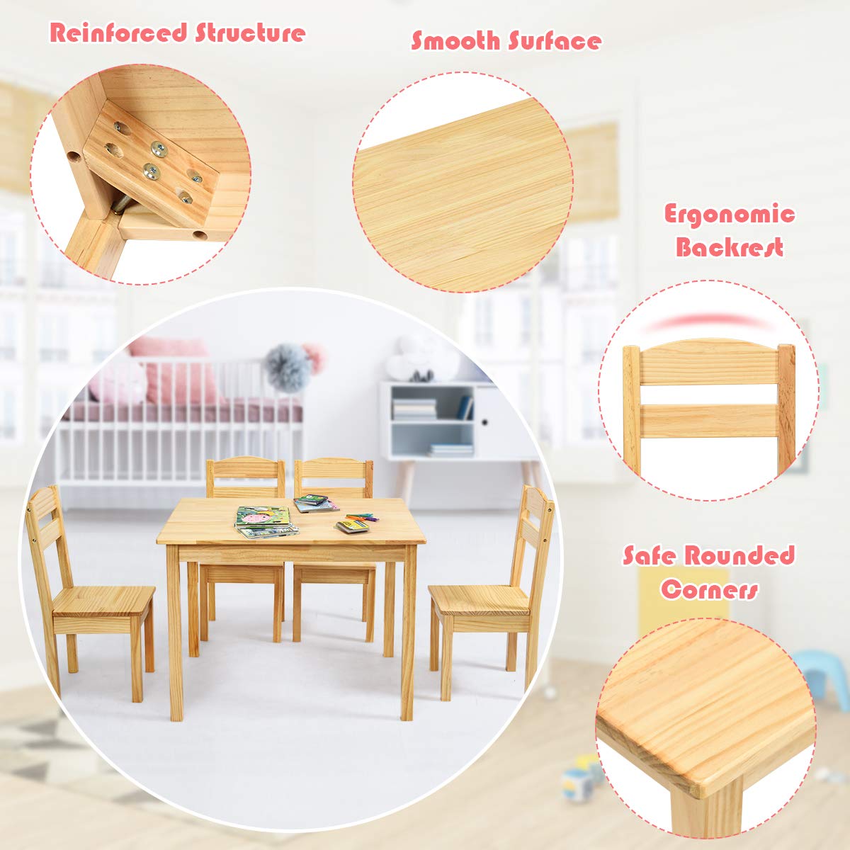 Costzon Kids Table and Chair Set, 5 Piece Wood Activity Table & Chairs (Natural)