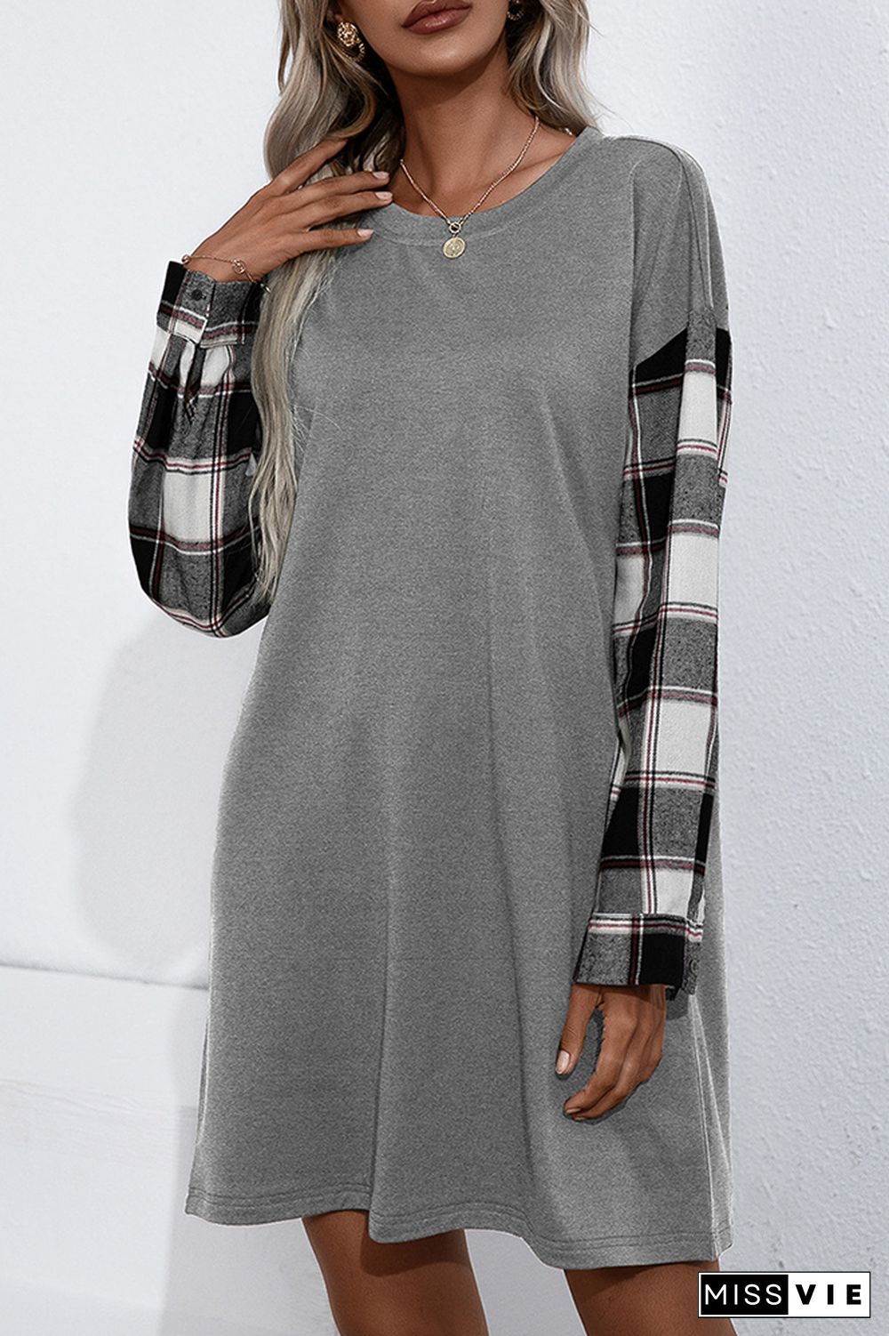 Plaid Splicing Long Sleeve T-shirt Dress Wholesale