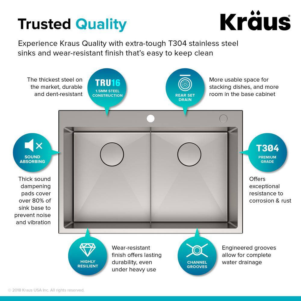 KRAUS 16- Gauge Stainless Steel 33 in. Standart Pro Double Bowl UndermountDrop-In 2-Hole Kitchen Sink with Pull Down Faucet KHT302-33-1610SFS