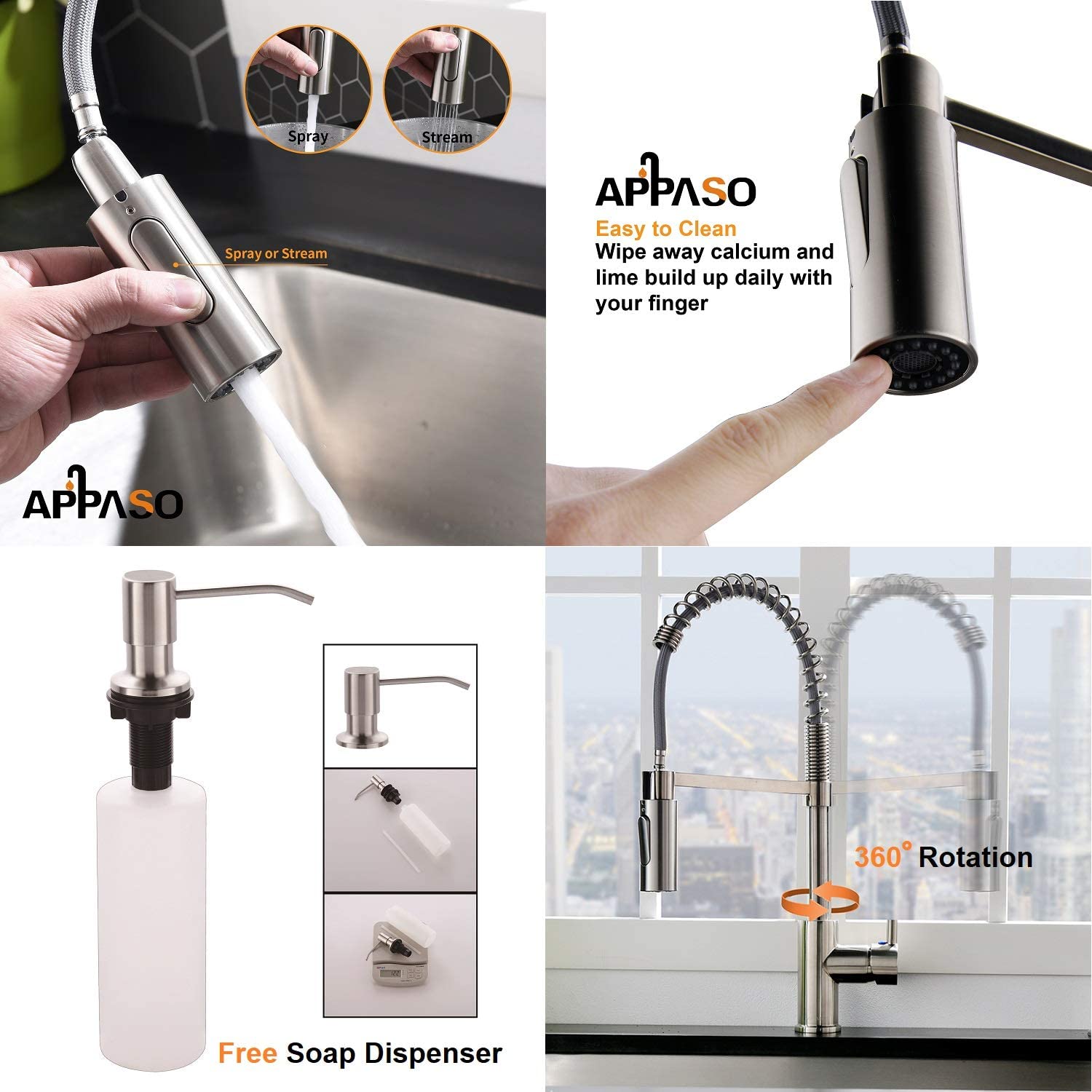 APPASO Modern Spring Commercial Pull Down Kitchen Faucet Brushed Nickel 163BN