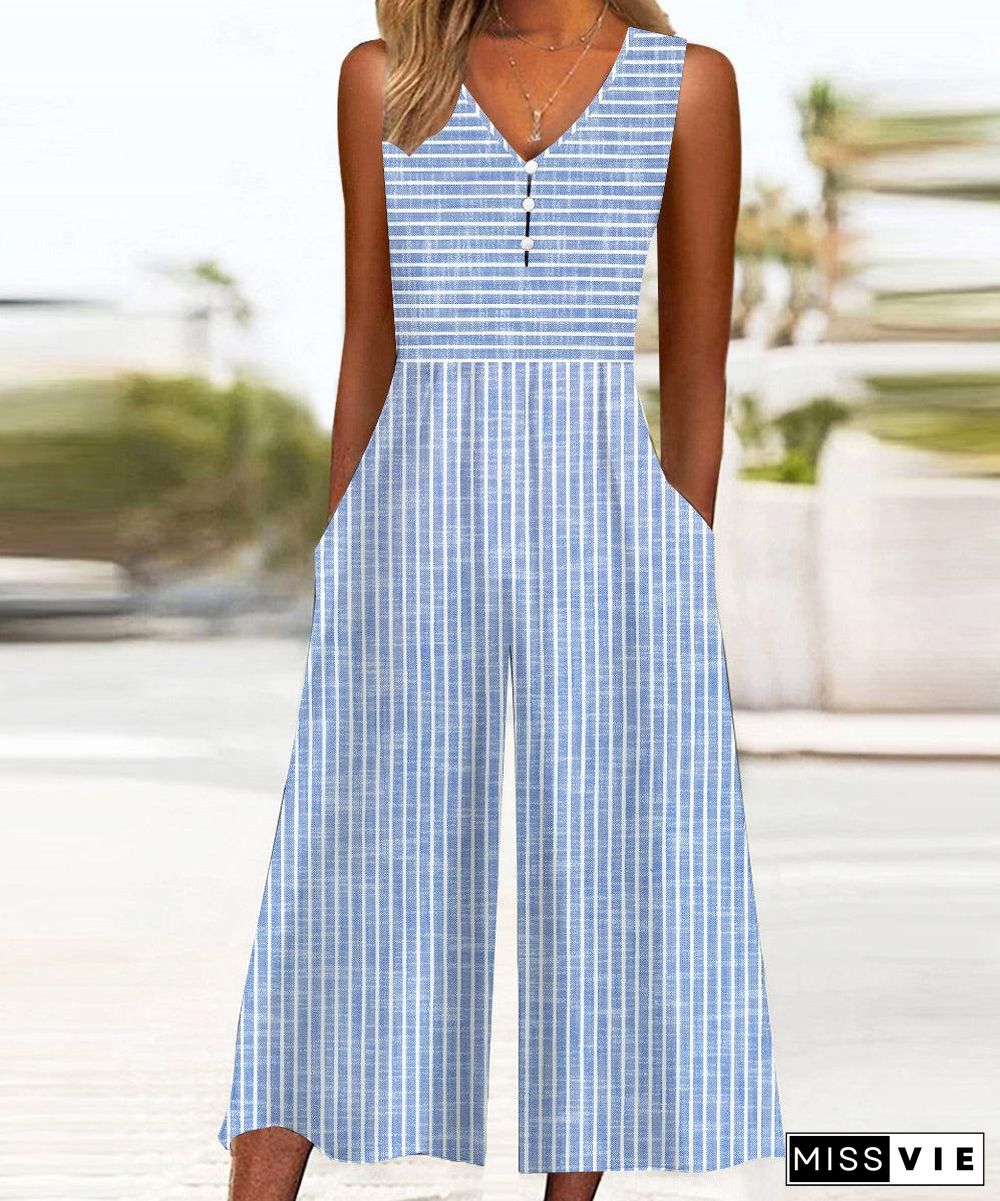 Blue Striped Sleeveless Jumpsuit