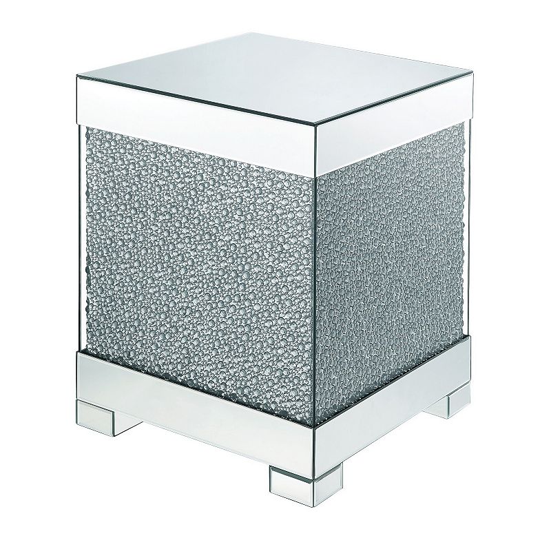 Contemporary Square Wooden End Table with Faux Crystal Inlays， Silver