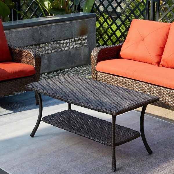 Pocassy Outdoor Wicker Coffee Table with 2Tier Storage Shelf Brown