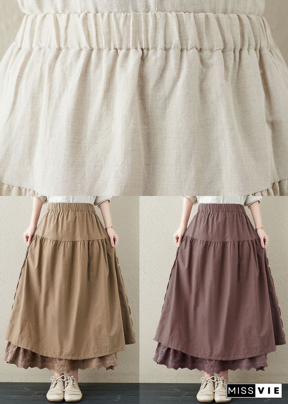 Elegant Khaki Elastic Waist Lace Patchwork Linen A Line Skirts Summer