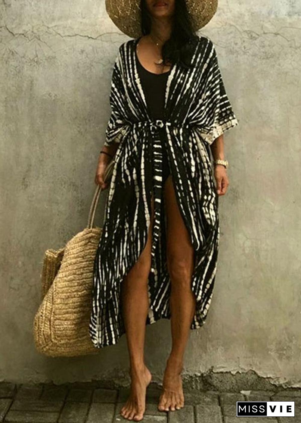 Chic Black White Print tie waist kimono robe Cotton Loose Coat Long