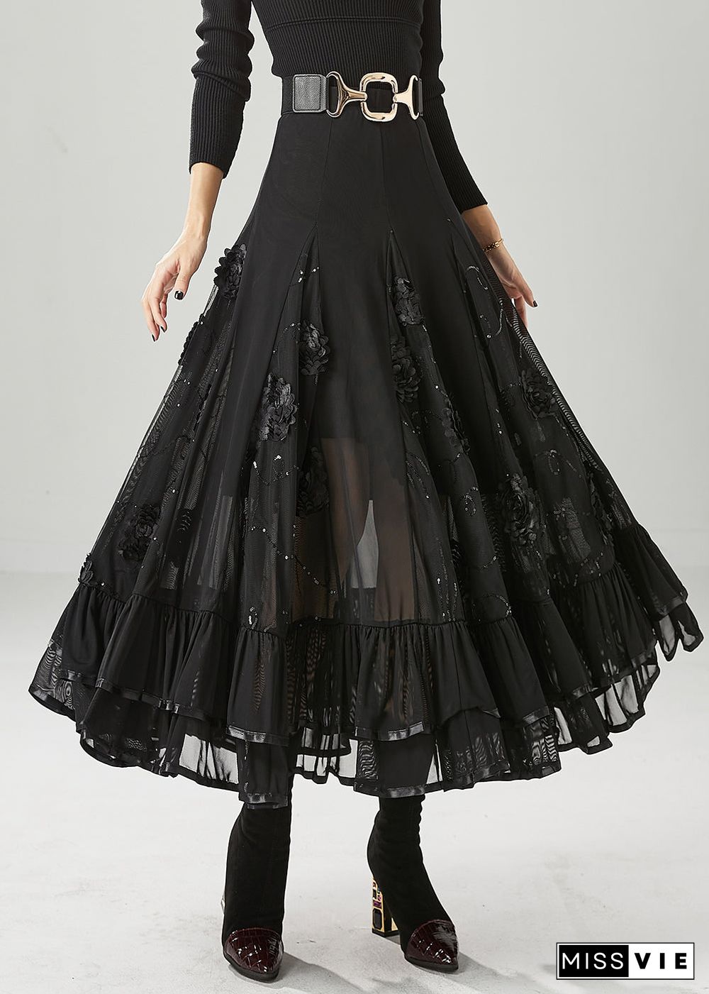 Italian Black Stereoscopic Floral Chiffon A Line Skirt Fall