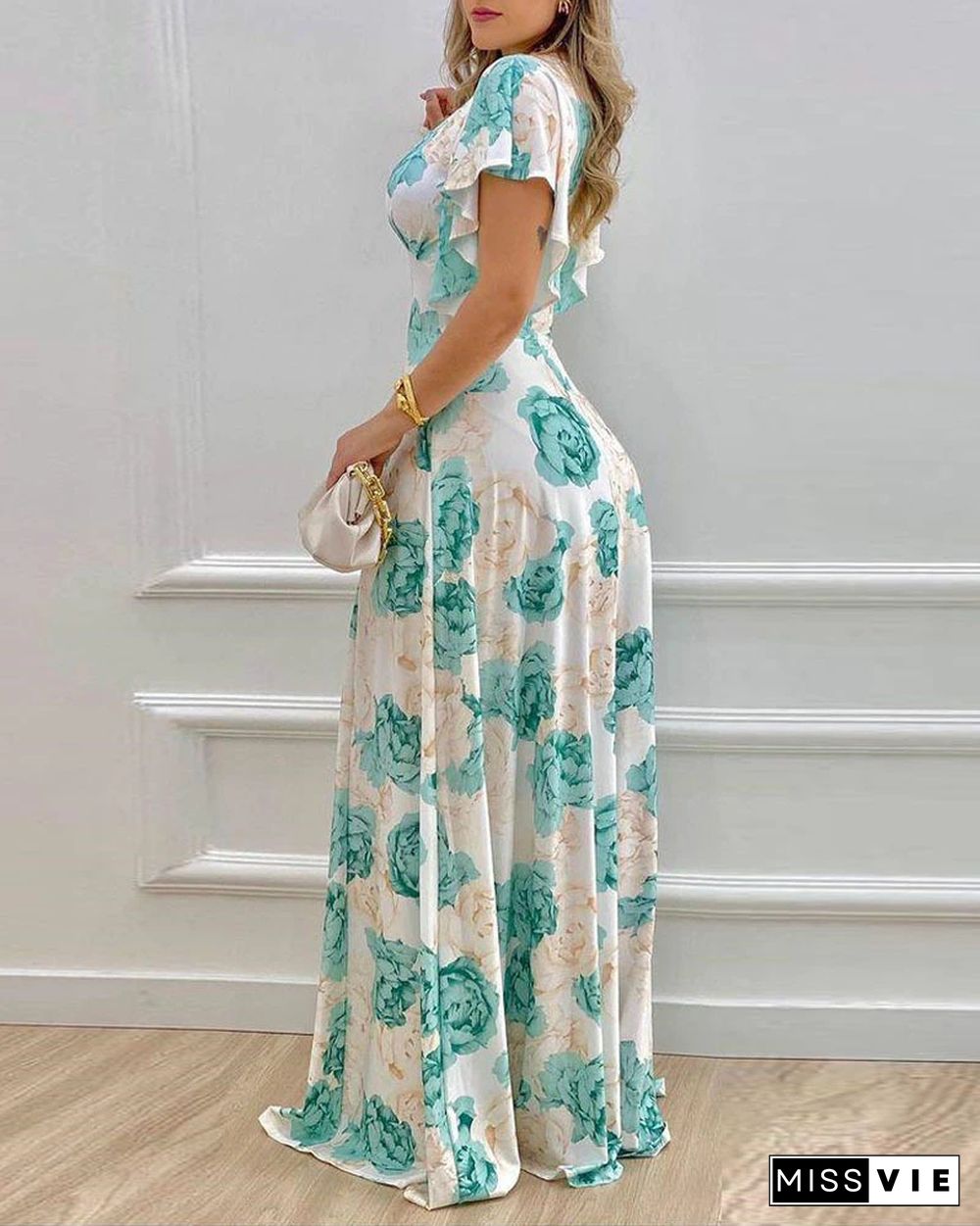 New Printed V-Neck Short Sleeve Waist Flare Sleeve Casual Maxi Dress