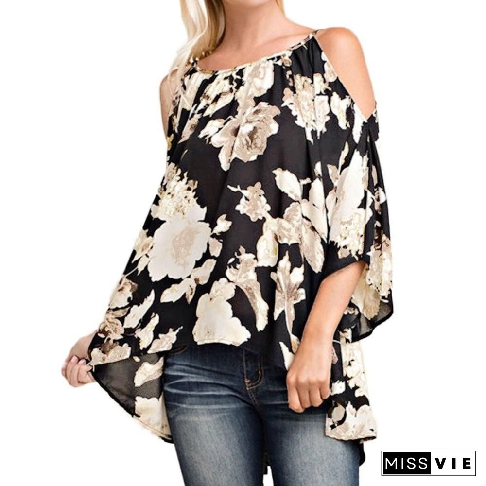 Women Off Shoulder Shirts Boho Floral Print Tunic Plus Size Blouse Shirt