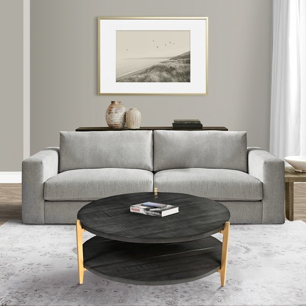 Tali 37 Inch Handcrafted Round Coffee Table， 2 Tier， Charcoal Gray Acacia Wood， Sleek Gold Metal Legs