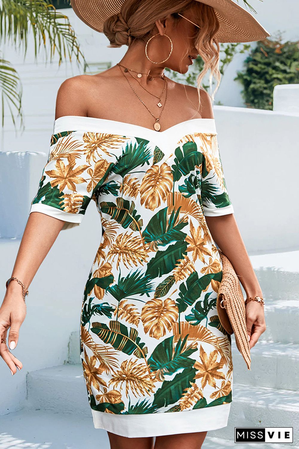 V Neck Printing Mini Dress