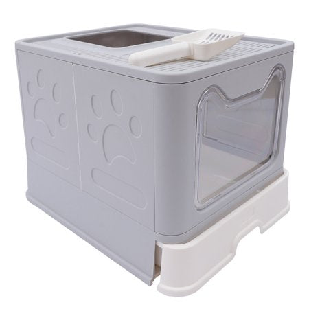 Cat Litter Box Hooded Covered Pet Toilet Foldable Design Large Space Semi-enclosed Drawer Construction Clear Door for Under 10kg/22lbs Body Weight