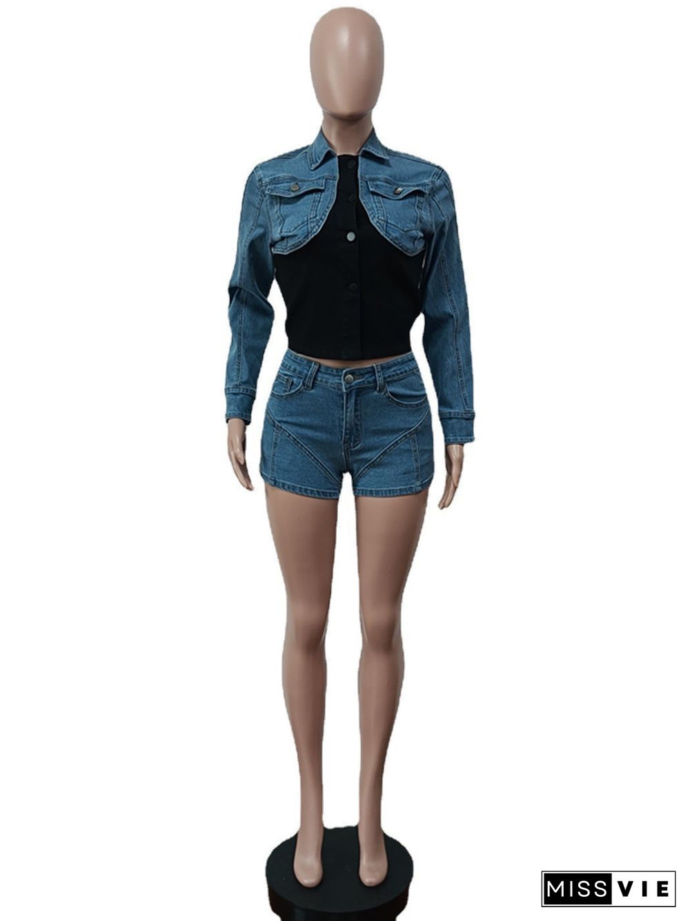 Denim Patchwork Jackets Shorts Two Piece Set