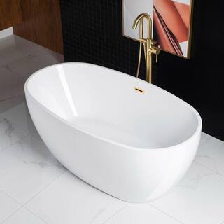 WOODBRIDGE Samantha 59 in. Acrylic FlatBottom Double Ended Bathtub with Brushed Gold Overflow and Drain Included in White HBT5566