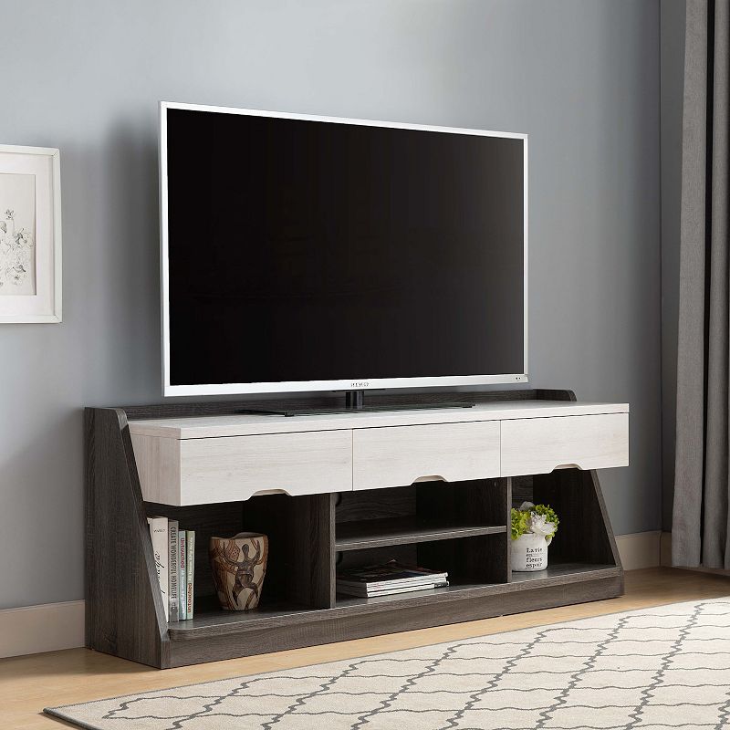 FC Design White Oak and Distressed Grey TV Stand with 4 Shelves and 3 Drawers