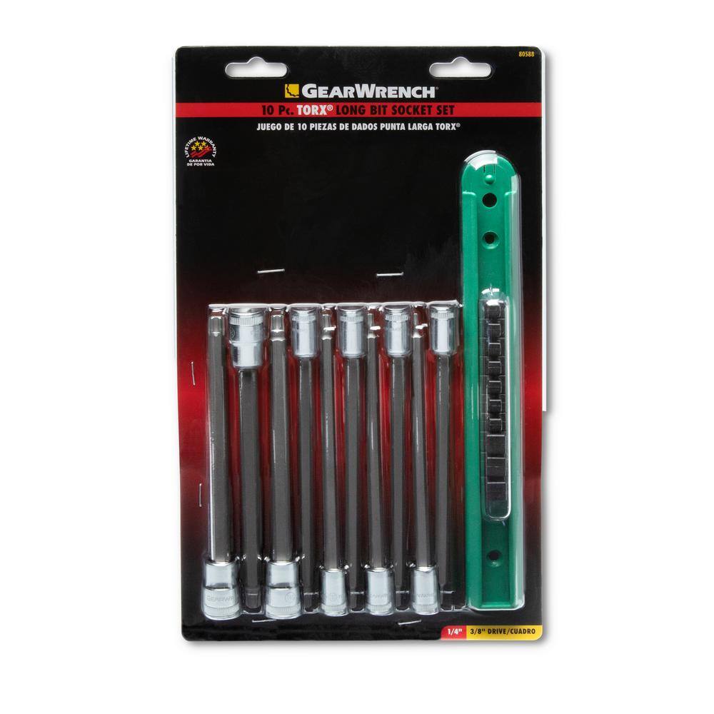 GEARWRENCH 14 in. and 38 in. Drive Long Torx Bit Socket Set with Socket Rail (10-Piece) 80588