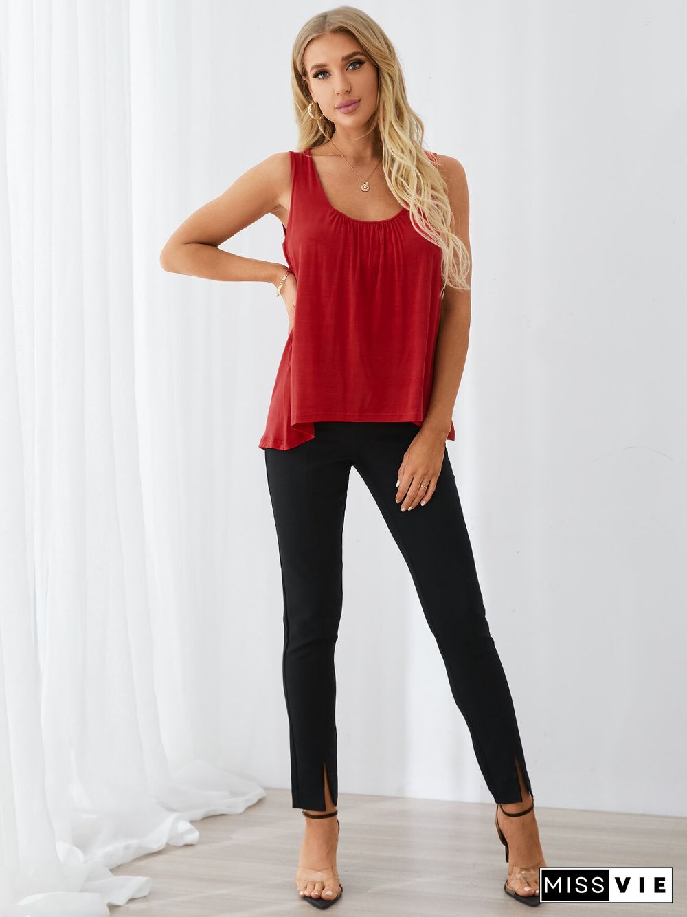 Casual Plain Scoop Neck Irregular Hem Tank Tops