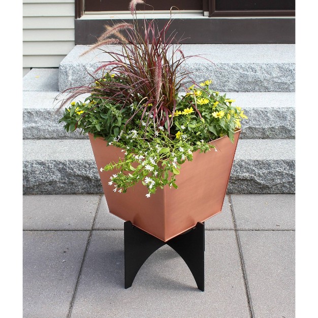 Wide Square Copper Plated Galvanized Steel Flower Box With Black Wrought Iron Plant Stand - Achla Designs