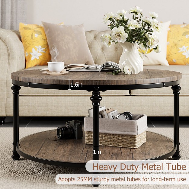 Trinity Round Coffee Table For Living Room Rustic Center Table With Storage Shelf