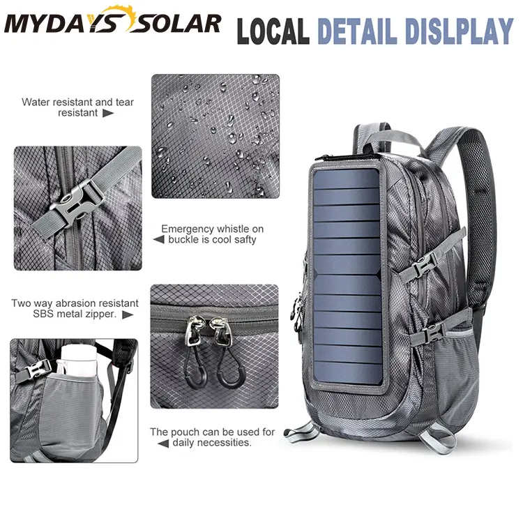 Mydays Tech 6.5W High Efficiency Emergency Chargeable Bag Solar Backpack for Outdoor Hiking Camping Photographing Work School