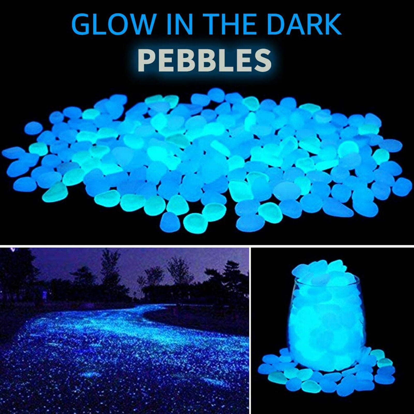 Voilamart 300Pcs Garden Glowing Luminous Stone Pebbles Luminous Glowing Rocks Stones Glow in the Dark Garden Stones Fish Tank Blue Colored Aquarium Decorative Stones